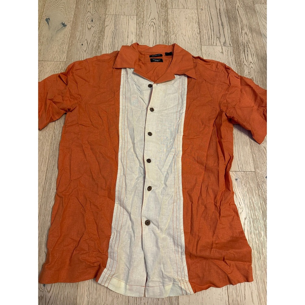 Haggar Mens Large Linen Blend Short Sleeve Button Down Camp Shirt Orange White